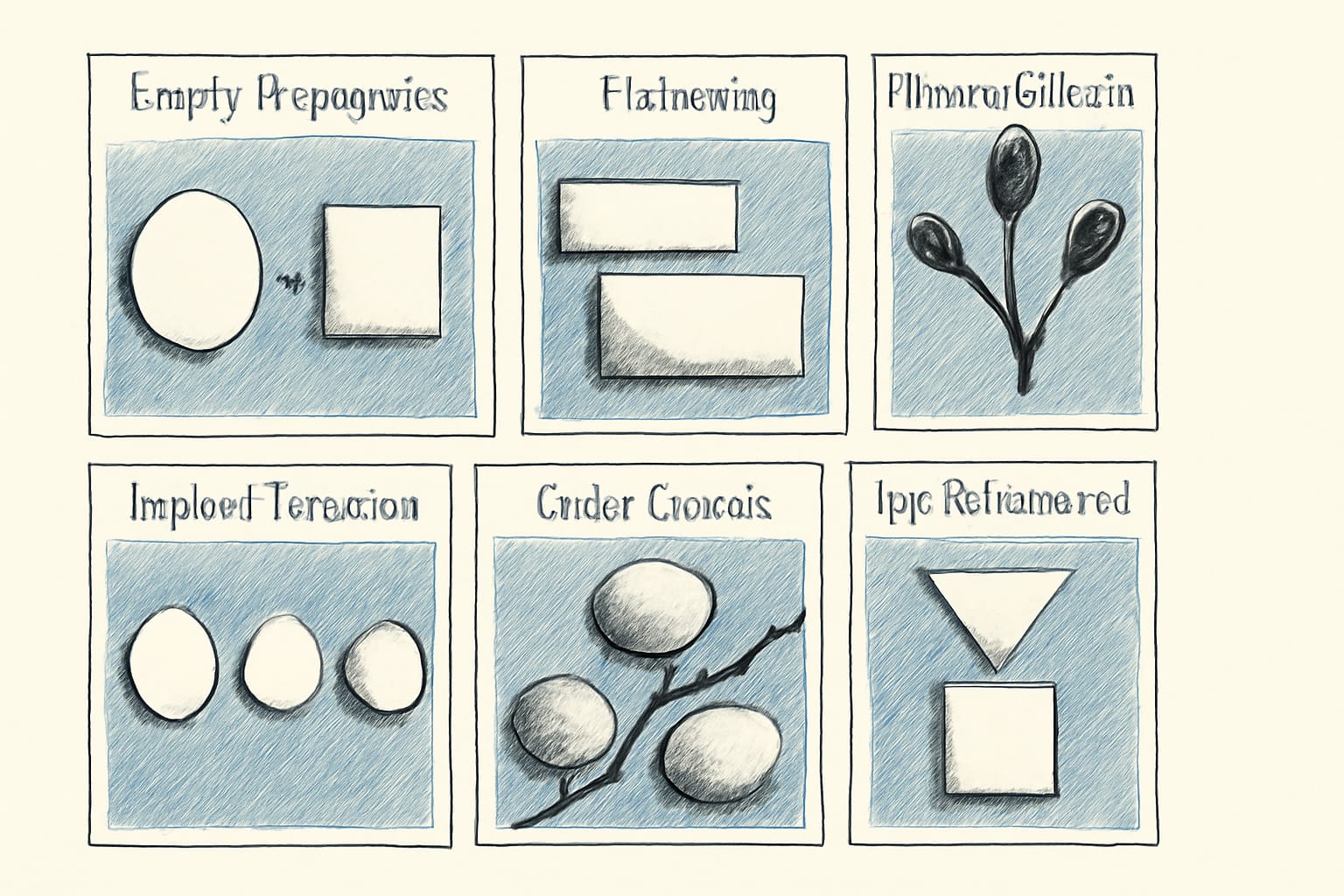 Editorial illustration in editorial-ink style depicting six panels naming the FHIRPath collection surprises: empty propagation, flattening, filter, iteration, order, type refine