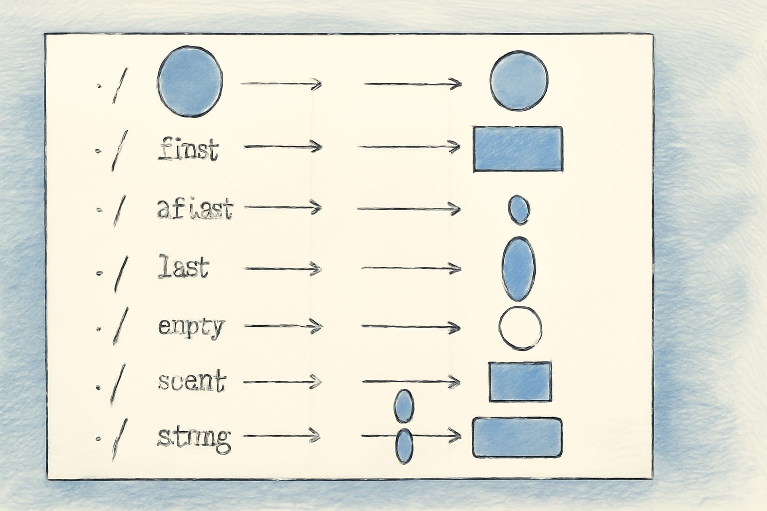 Editorial illustration in editorial-ink style depicting a ten-row FHIRPath cheatsheet with expressions and their returned shapes