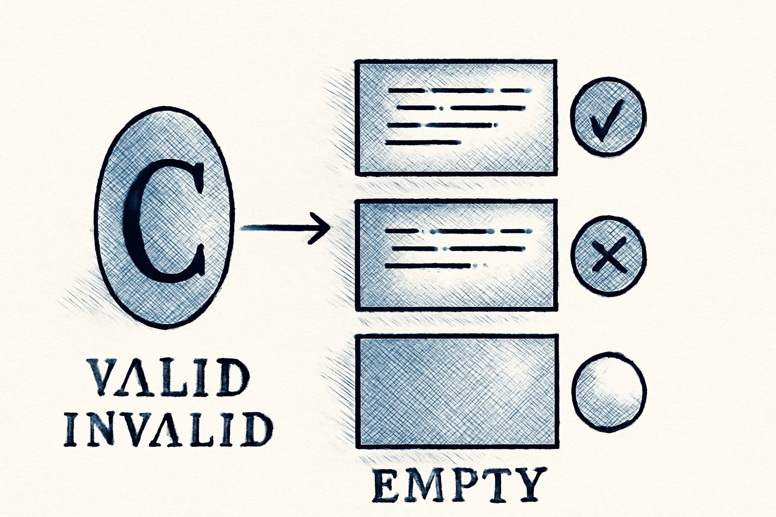 Editorial illustration in editorial-ink style depicting a FHIRPath invariant tested against valid, invalid, and empty payload shapes with verdicts