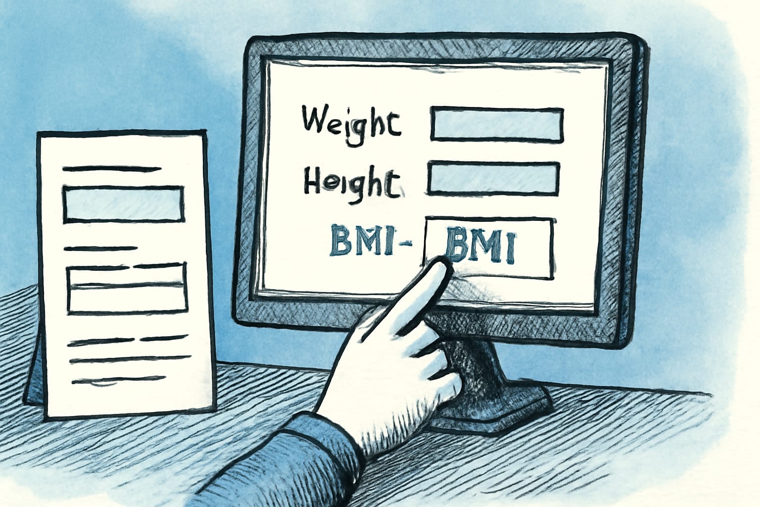 Editorial illustration in editorial-ink style depicting a Questionnaire calculating BMI live from weight and height answers via a FHIRPath expression