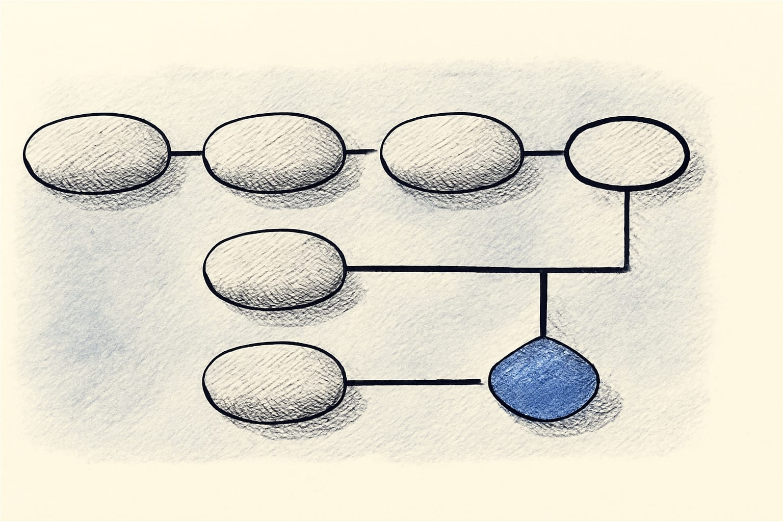 Editorial illustration in editorial-ink style depicting a failing FHIRPath expression walked stepwise with intermediate counts and a divergence highlighted
