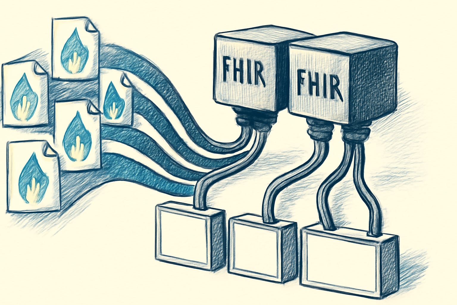 Editorial illustration in editorial-ink style depicting a corpus of production FHIR payloads flowing into two FHIRPath evaluators with three verdict boxes